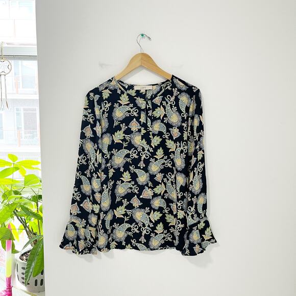 Loft Blue Floral Paisley Print Long Sleeve Blouse Size Medium - Picture 1 of 6